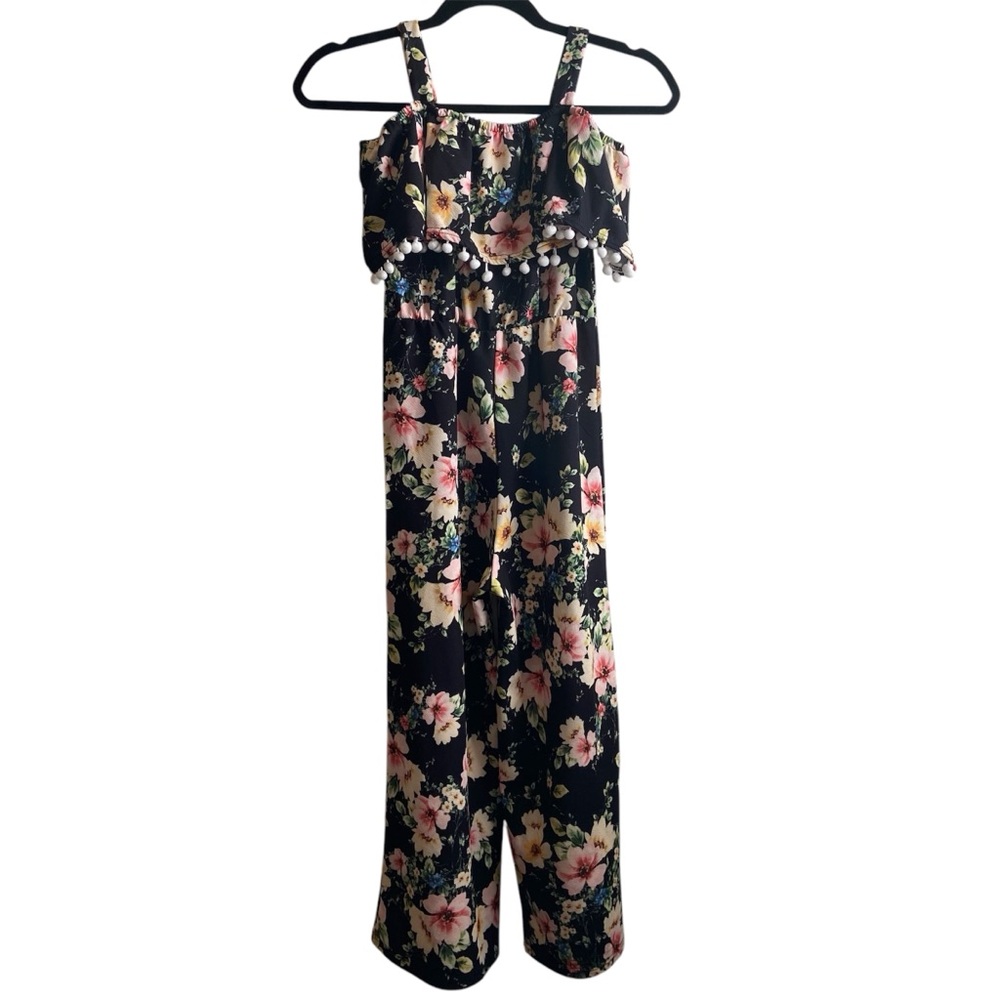 Girls size 10 SHEIN Black and Pink Floral Cold Shoulder Jumpsuit Wide-Leg - C36